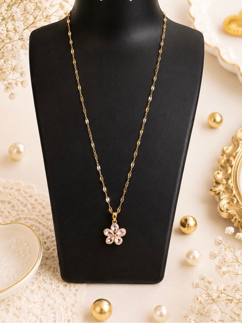 Pink Iridescent Rhinestone Flower Pendant Necklace-Gold Hardware-NWOT